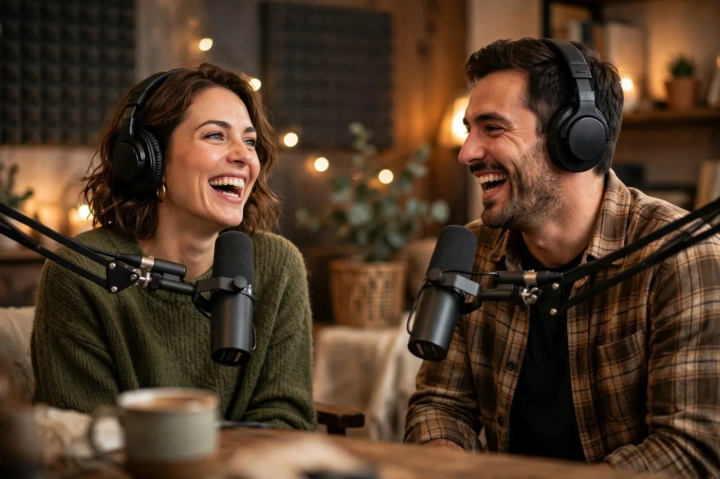 Two podcast hosts laughing while recording an episode in a warm studio