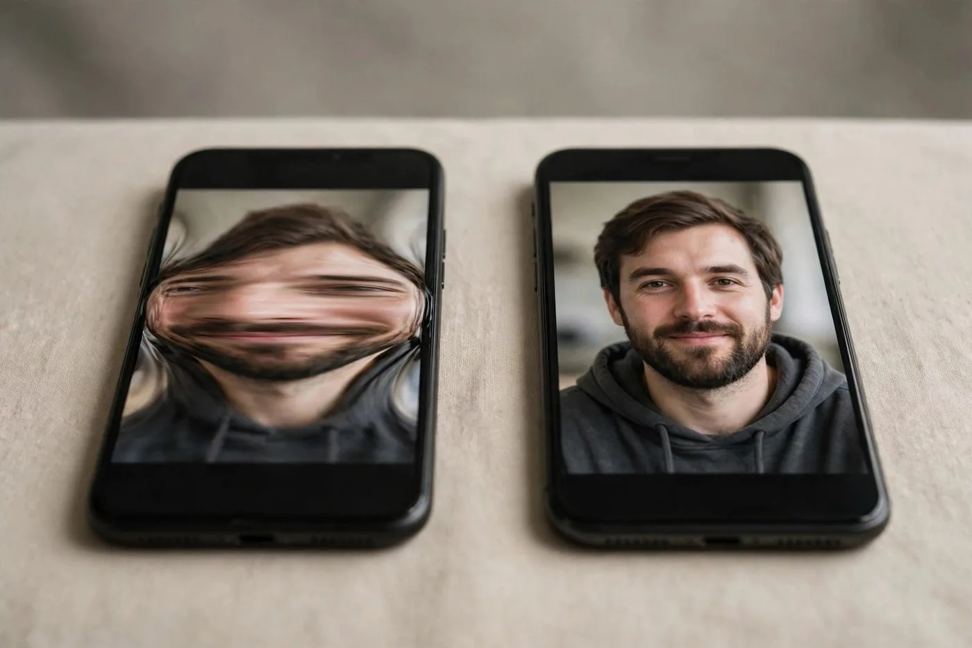 Two phones comparing a squished widescreen crop with a properly reframed vertical video