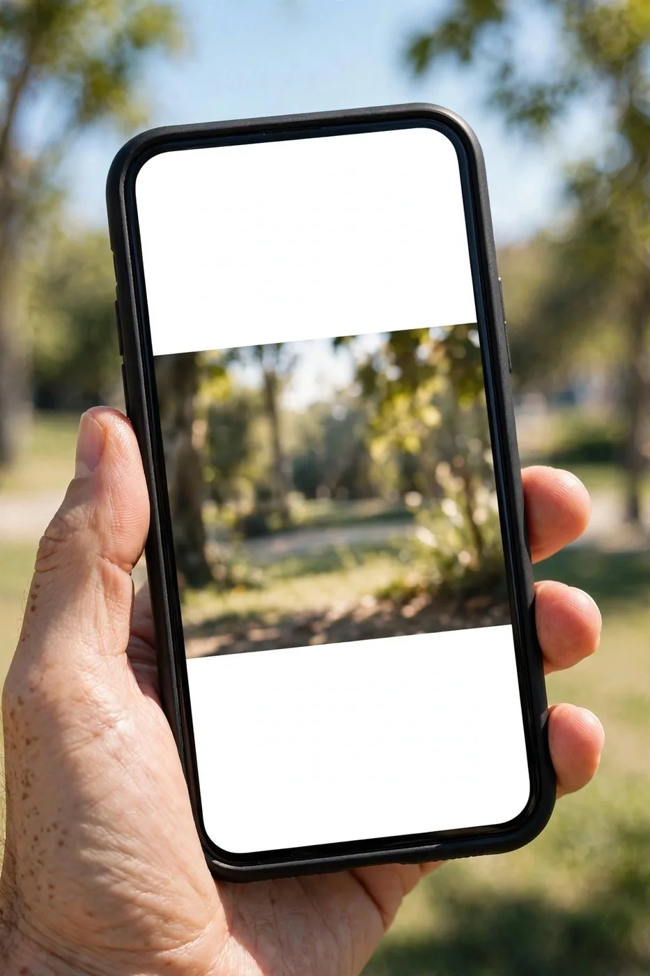 Hand holding a smartphone playing a vertical short with big bold captions