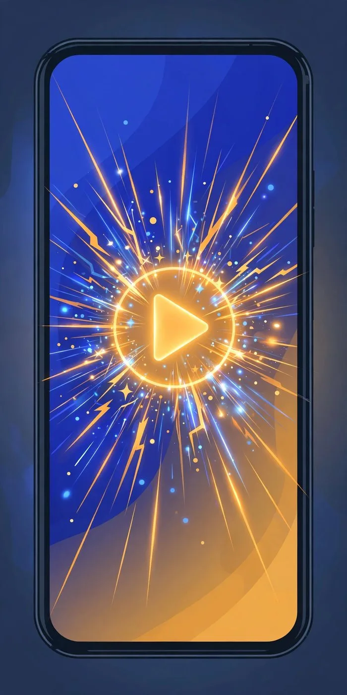 Illustration of a vertical phone screen with a glowing play button grabbing attention