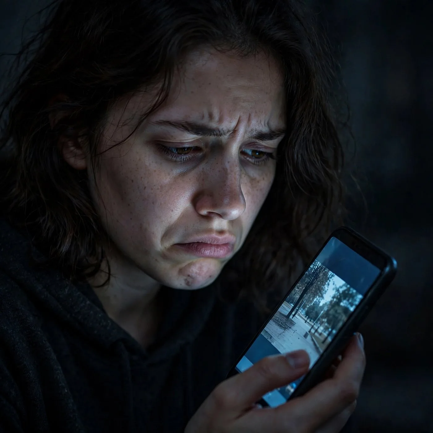 Frustrated creator checking a phone showing a video with almost no views