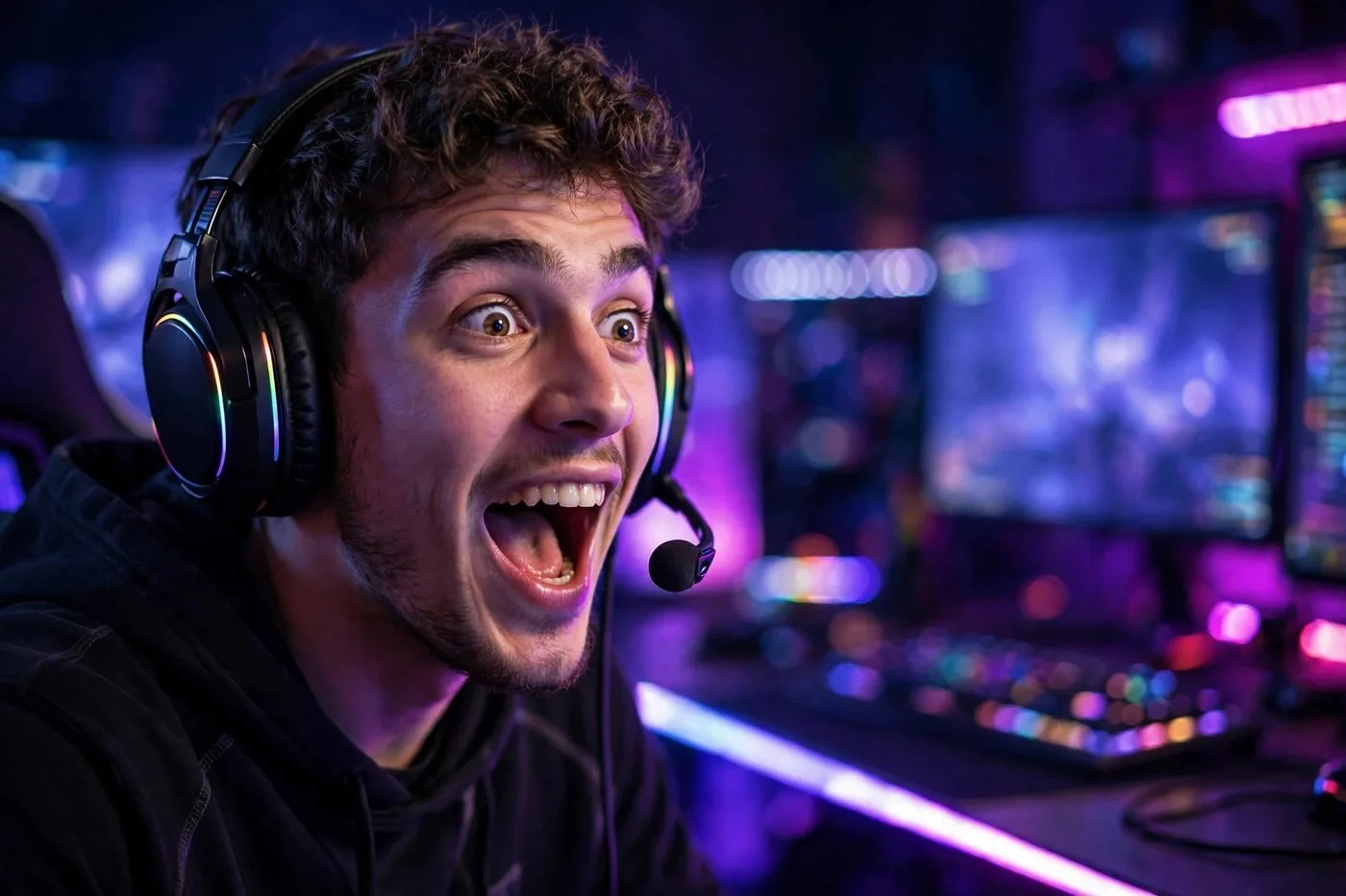A Twitch streamer reacting mid-gameplay in a neon-lit streaming setup