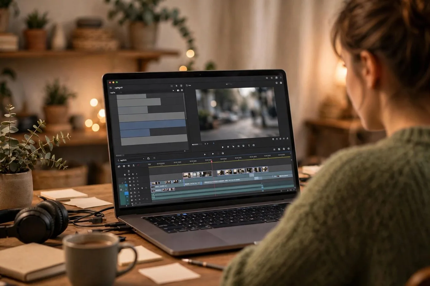 A creator reviewing auto-generated captions on a laptop
