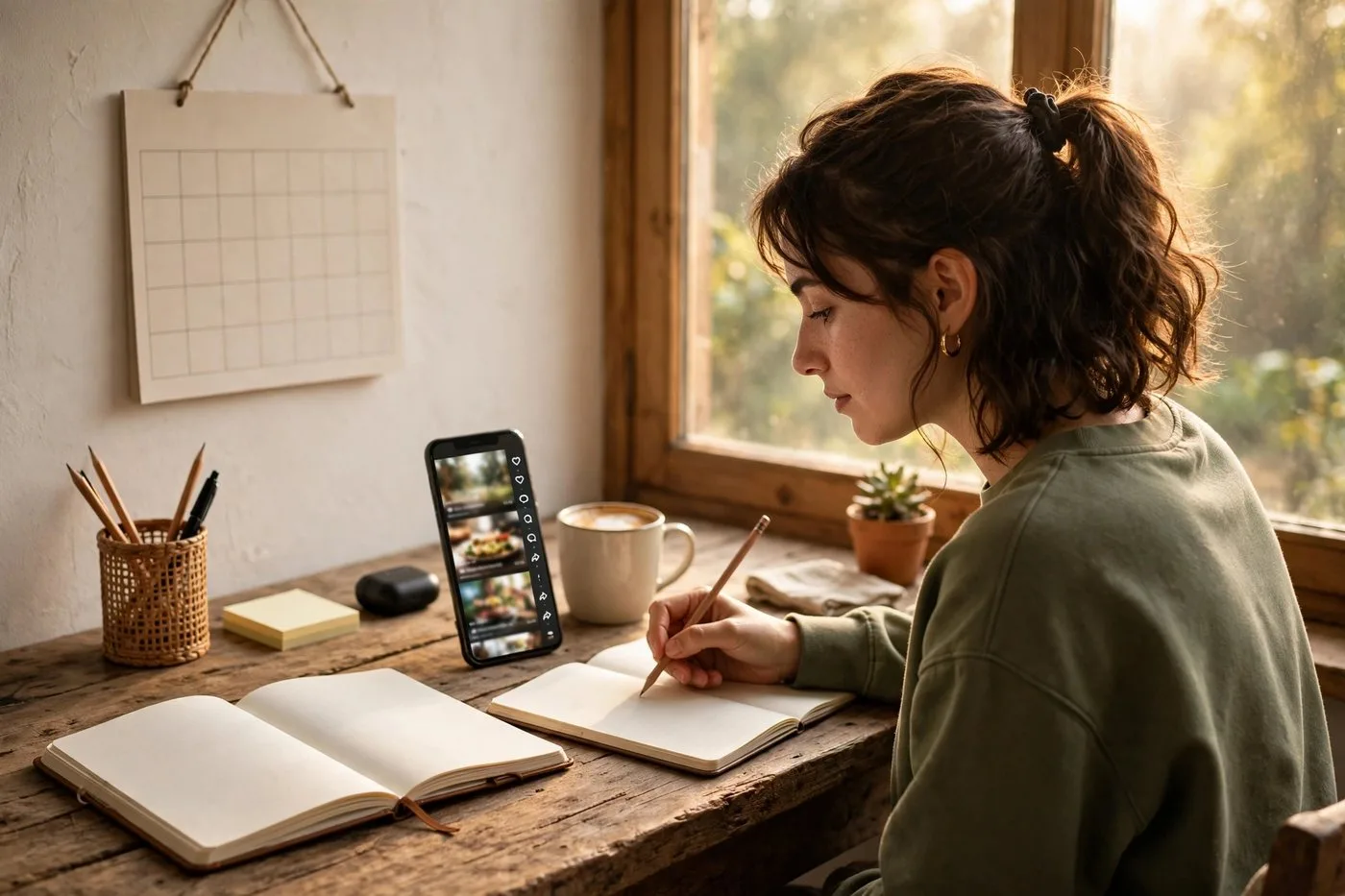 A creator planning a month of content at a desk with calendar and phone