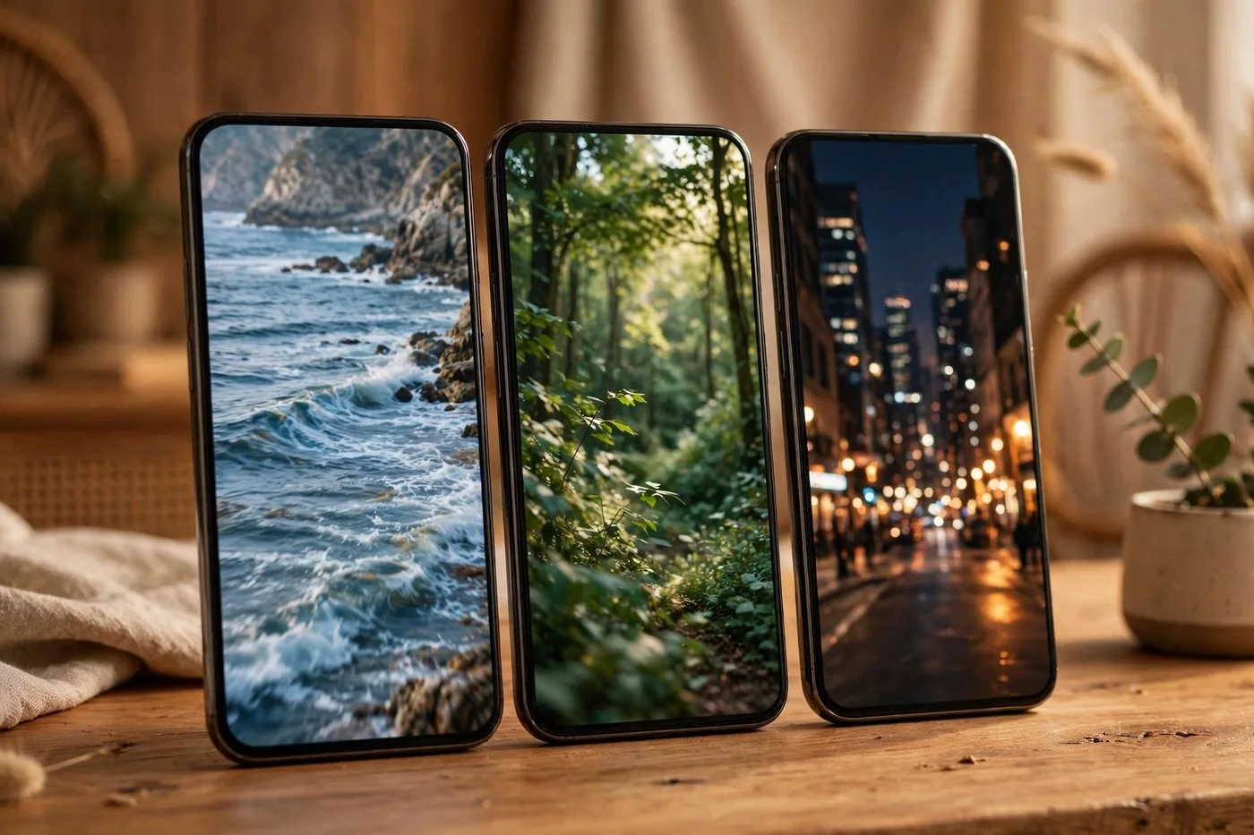 Three smartphones side by side, each playing a different vertical short video