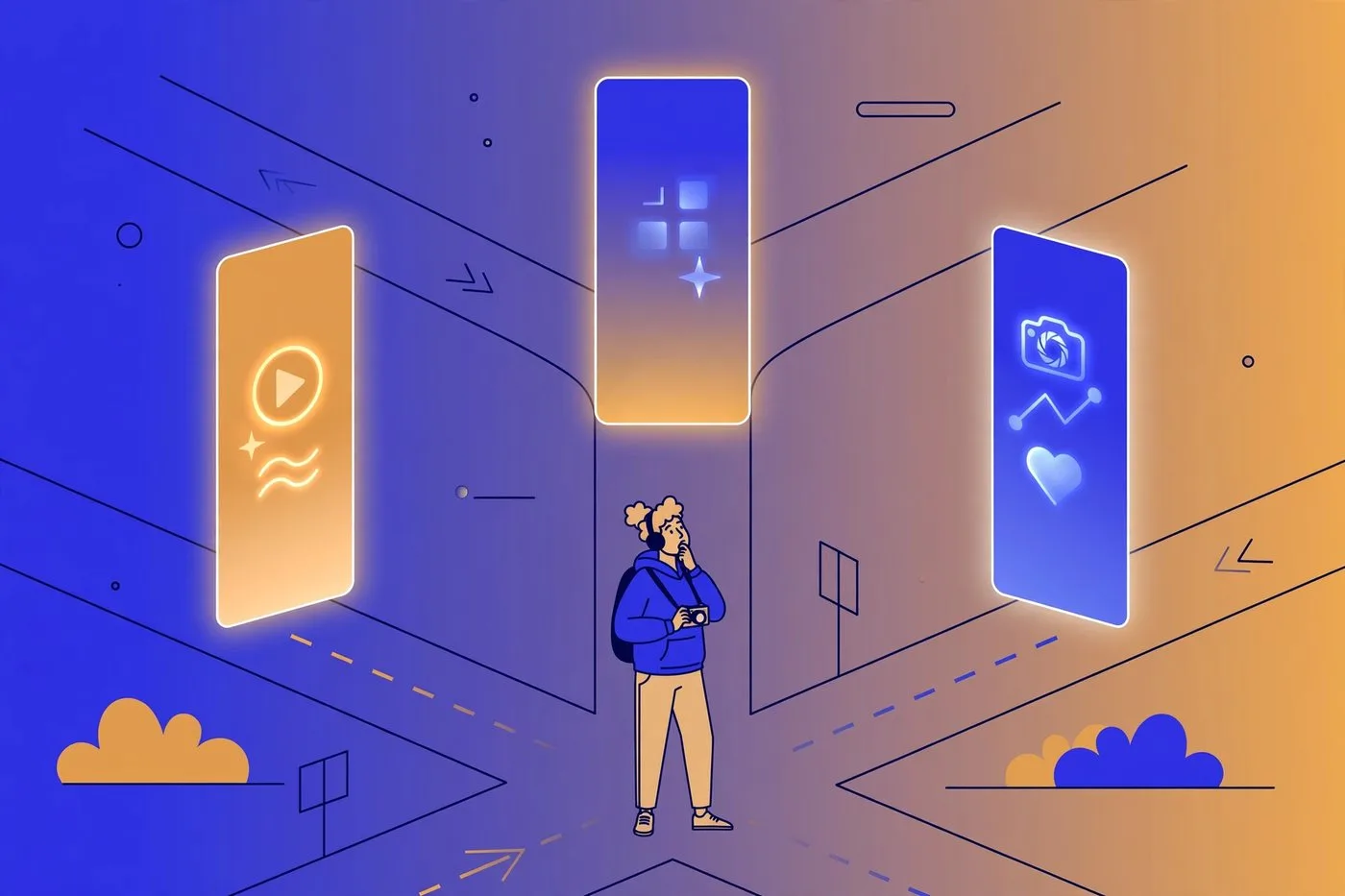 Illustration of a creator choosing between three glowing short-video platforms