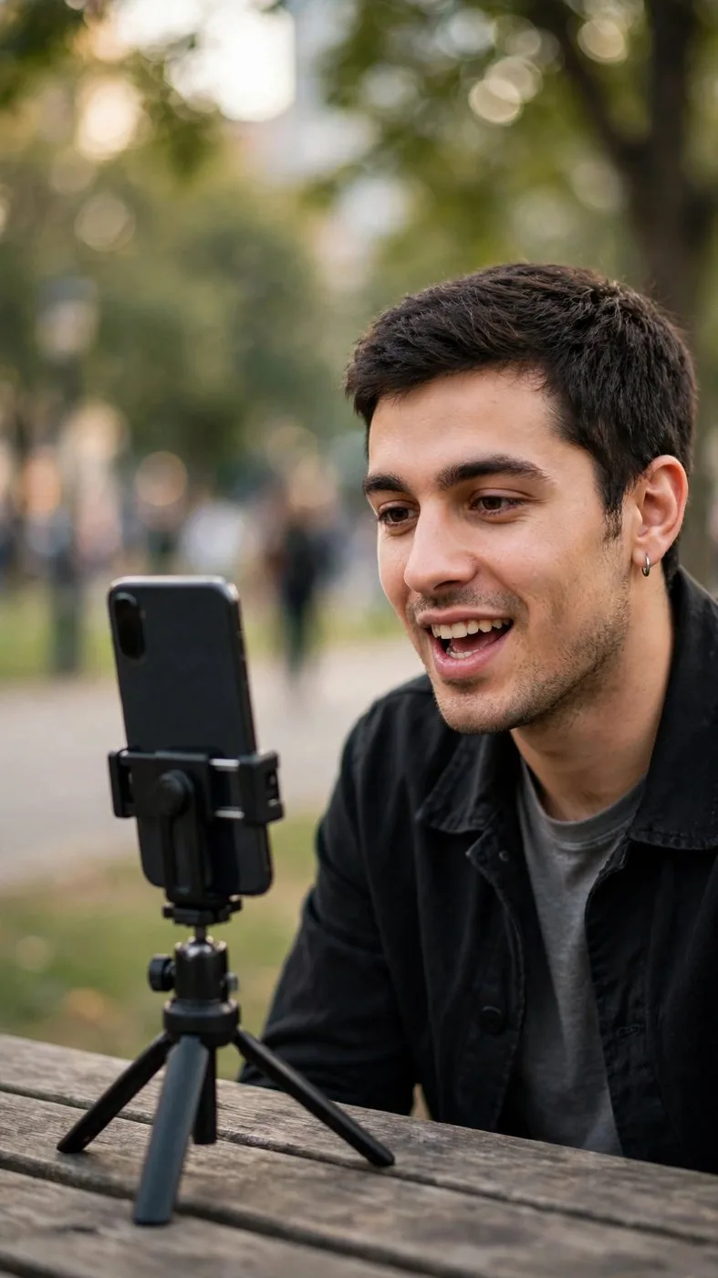 A creator filming a vertical short video on a smartphone tripod outdoors