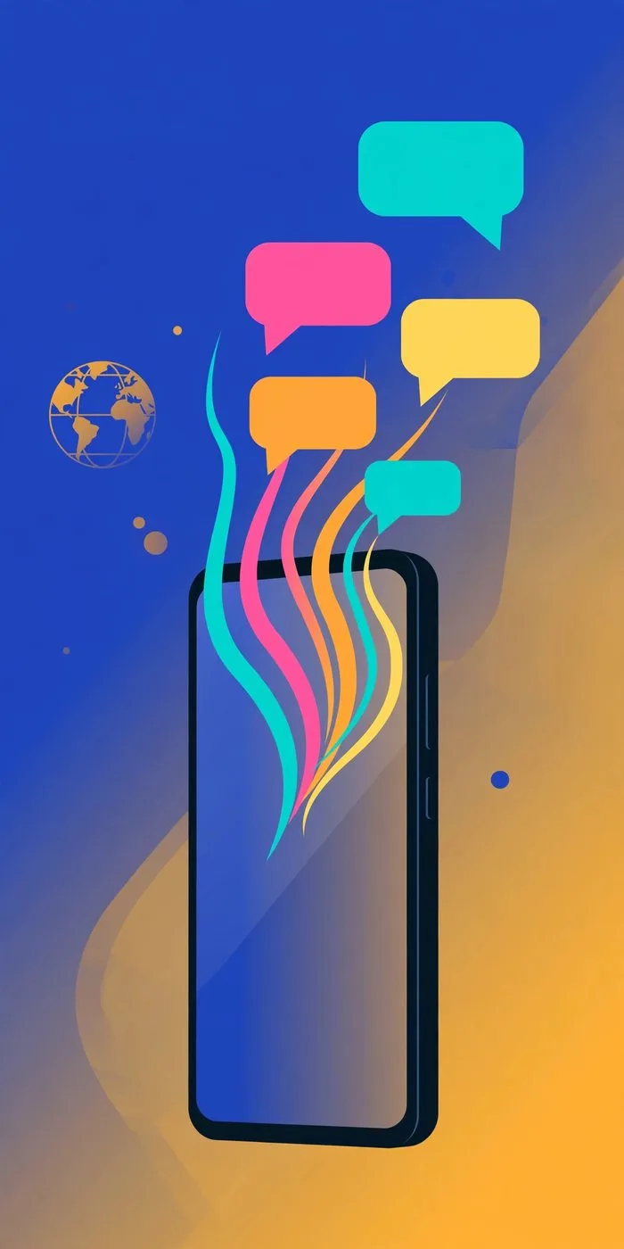 Illustration of a smartphone turning sound waves into speech bubbles in many languages