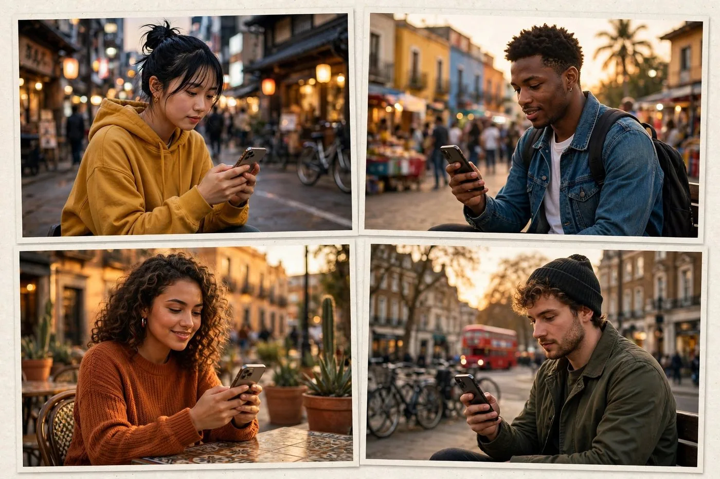 Diverse young people in different cities watching short videos on their phones