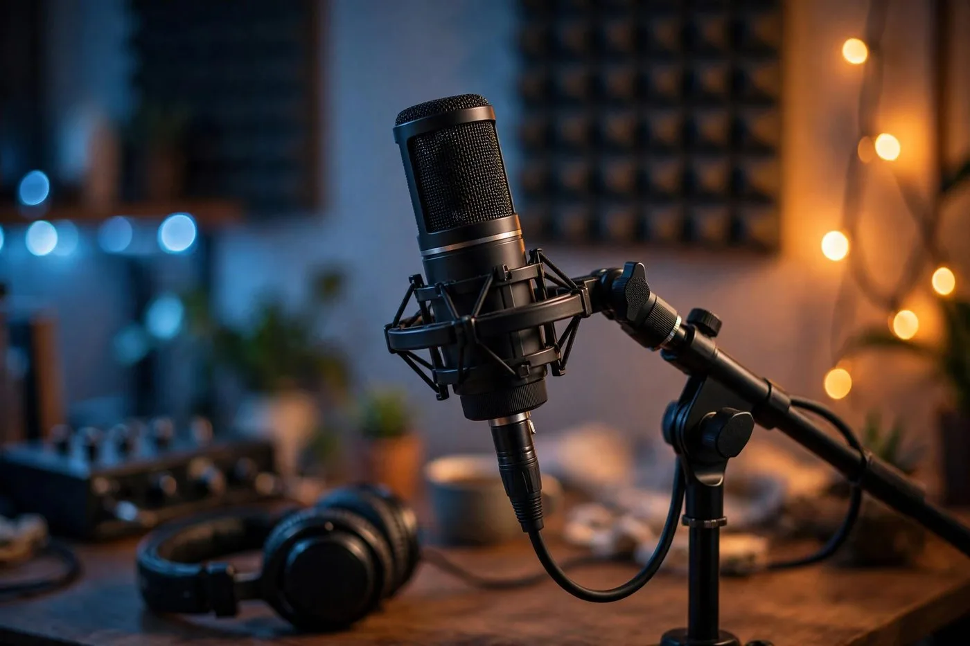 Professional studio microphone in a home setup with blue and amber lighting